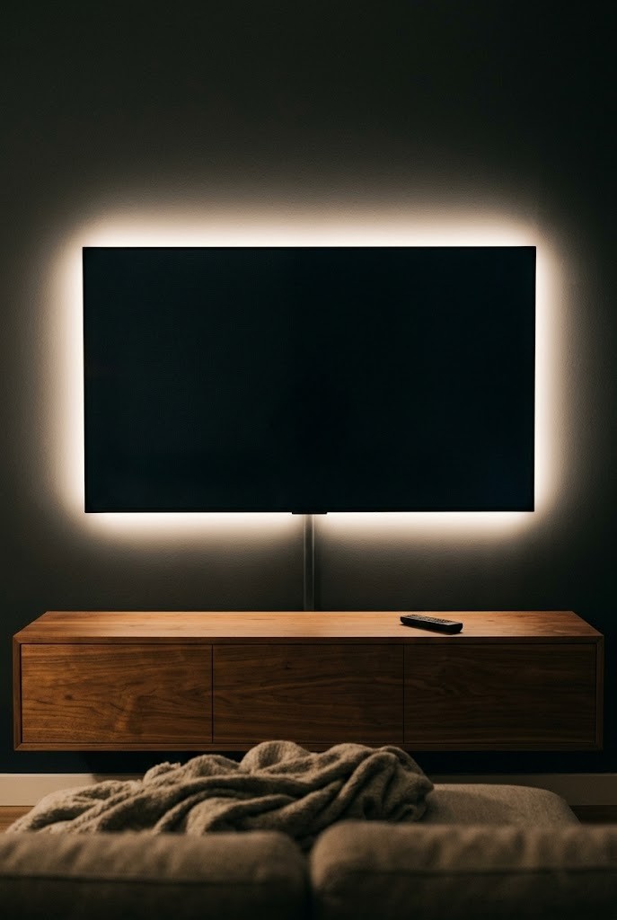 Warm bias light behind a TV casting a soft glow halo on the wall in a dark living room