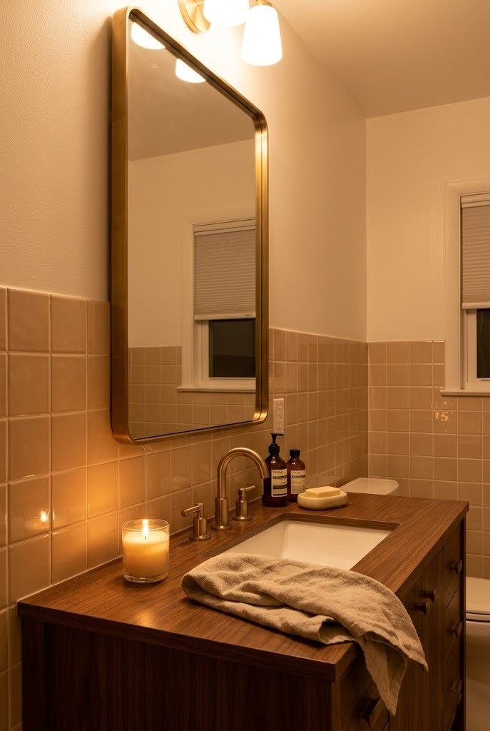 Almond bathroom tile reading warm and true under soft 2700K lighting