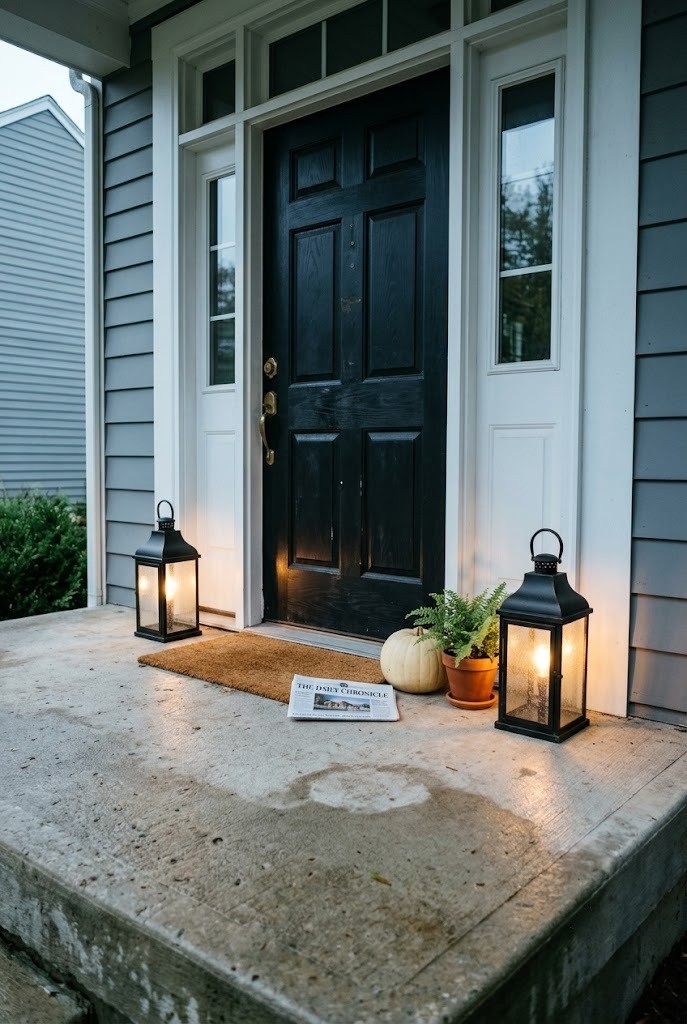 Warm lantern light glowing on a shaded north-facing stoop with a dark front door