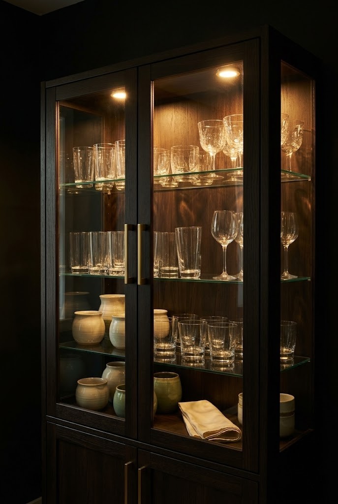 Warm puck lights inside a glass-front cabinet lighting glassware as a soft display glow