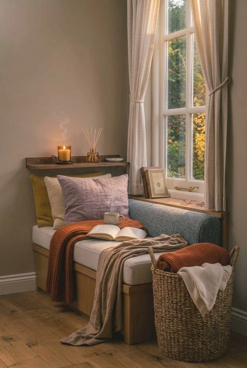 Small candle and reed diffuser on a ledge beside a window seat kept clear of throws