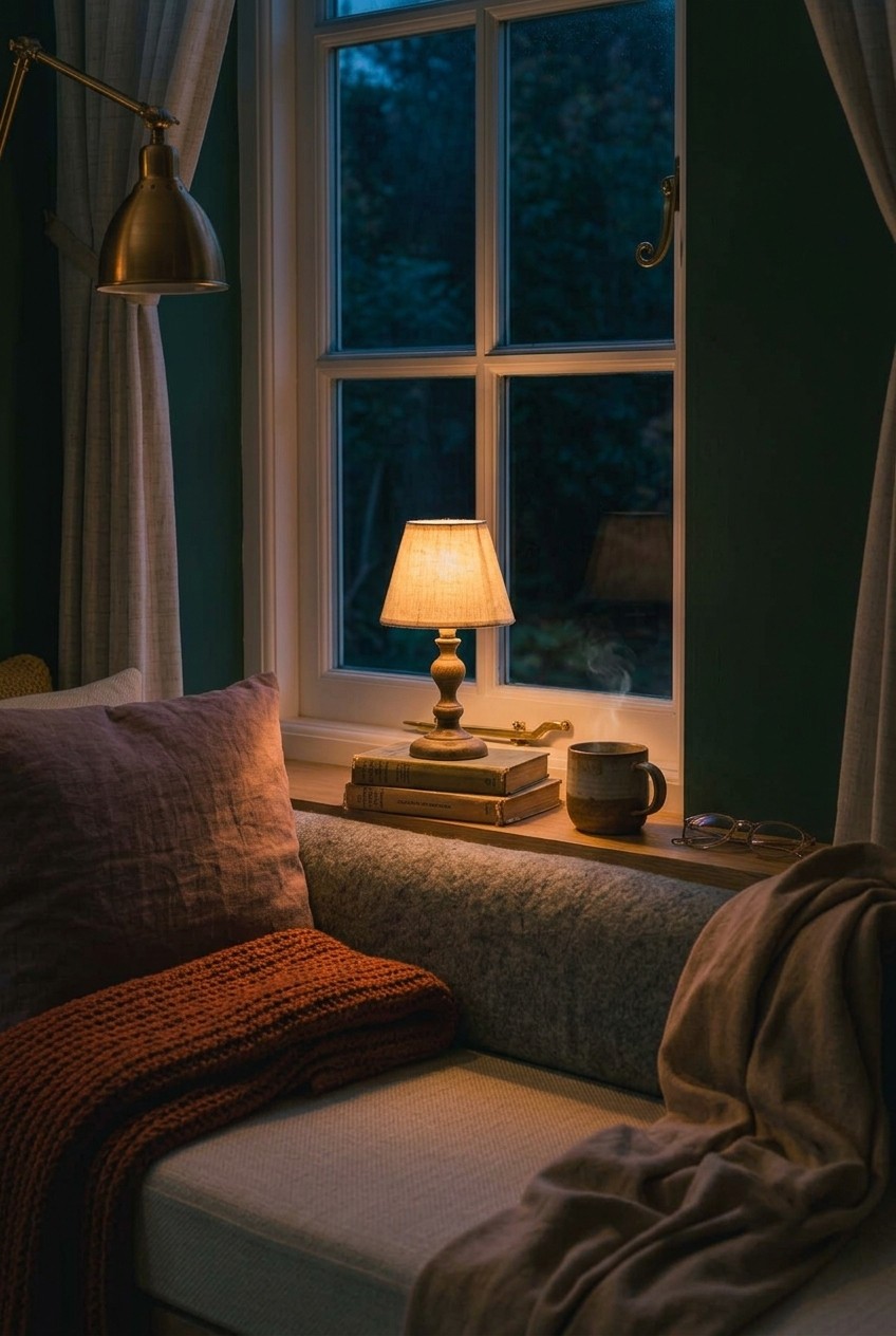 Small warm table lamp glowing beside a window seat on a dark fall evening