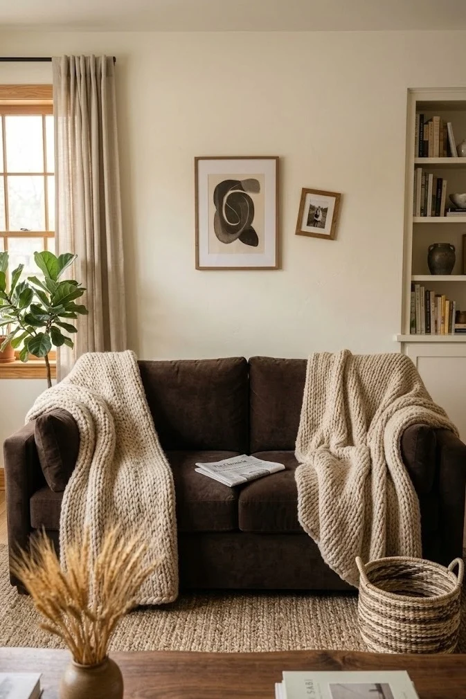 Warm white painted wall and unpainted oak trim behind a deep brown sofa