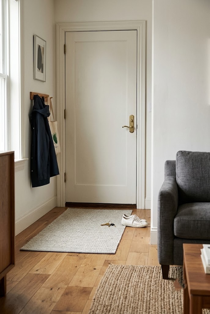 Low-pile washable runner laid flush to a front door that opens into a living room