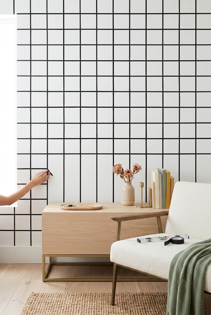 Black washi tape grid pattern on a white living room wall behind a sofa