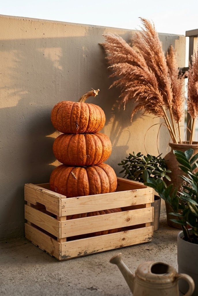 Wooden crate stacked with pumpkins against a balcony wall beside dried grasses
