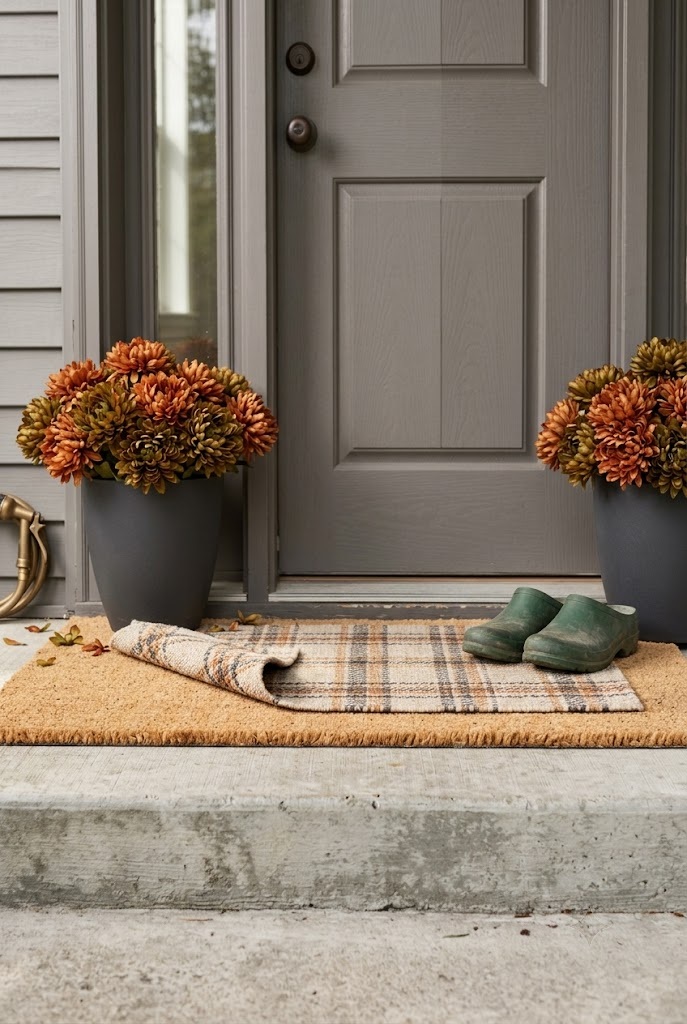 Two sand-weighted planters of faux mums flanking a front door on a narrow concrete stoop