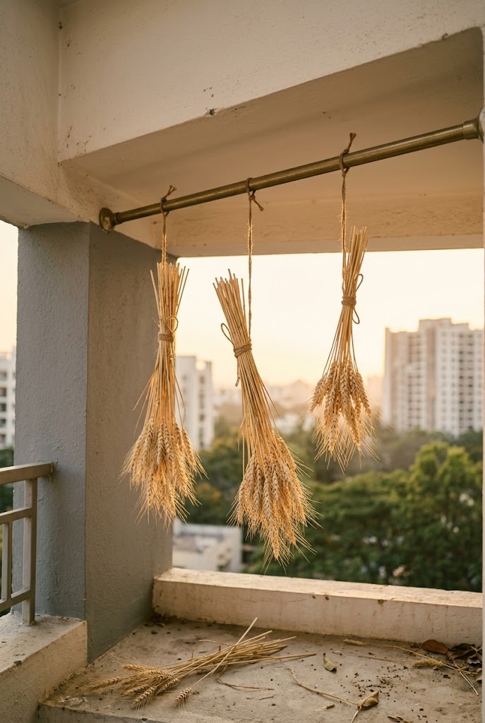 Dried wheat bundles hanging from an overhead tension rod on a balcony
