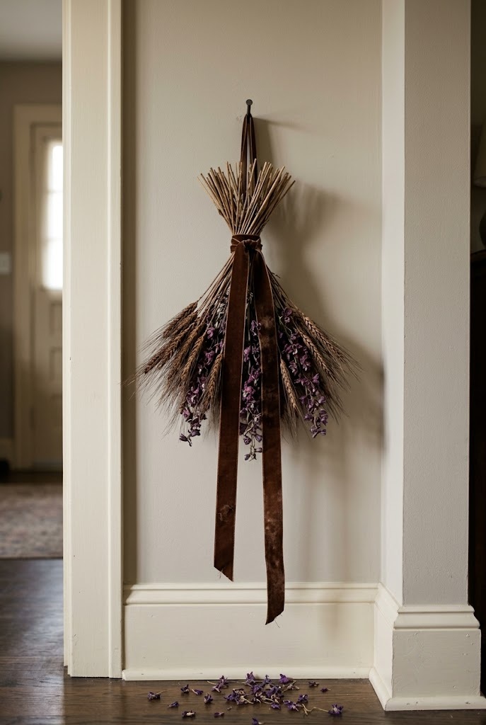 Dried wheat and plum larkspur bundle tied with chocolate ribbon hung on a narrow wall