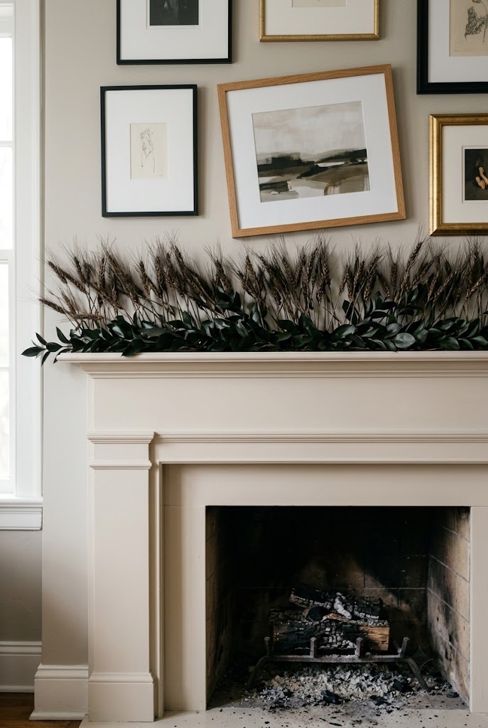 Shallow wheat and ruscus mantel garland kept tight against the wall below framed art