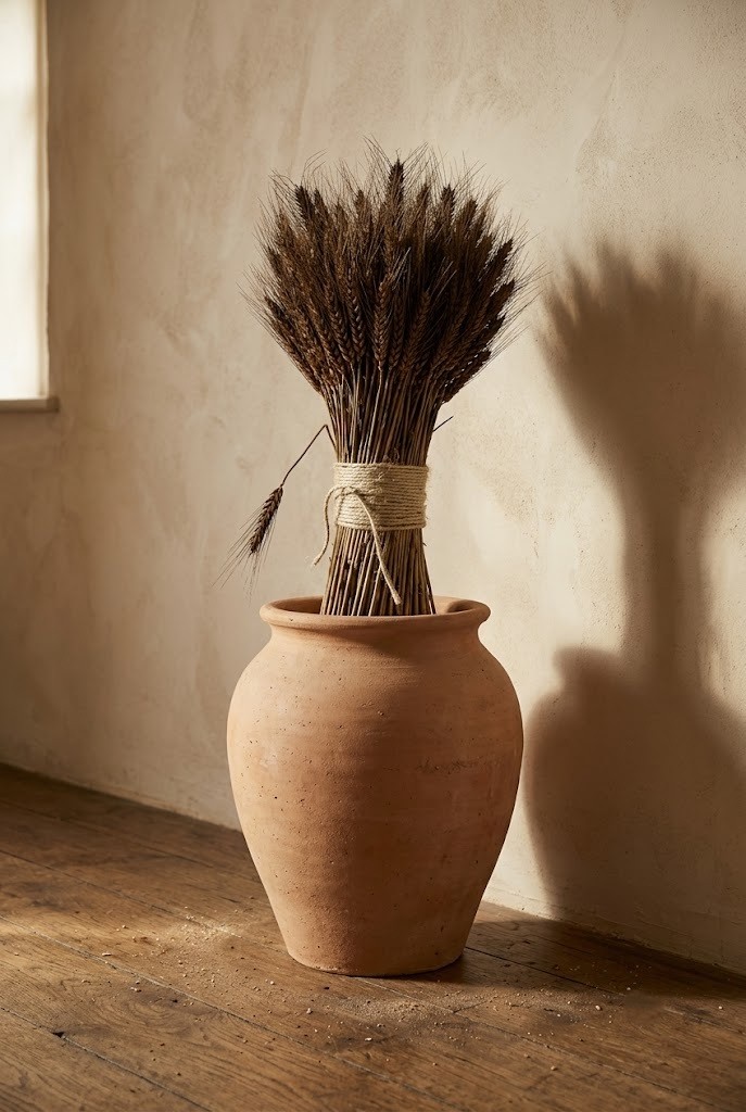 Tightly bound dark wheat sheaf in a wide terracotta floor vase against a plaster wall