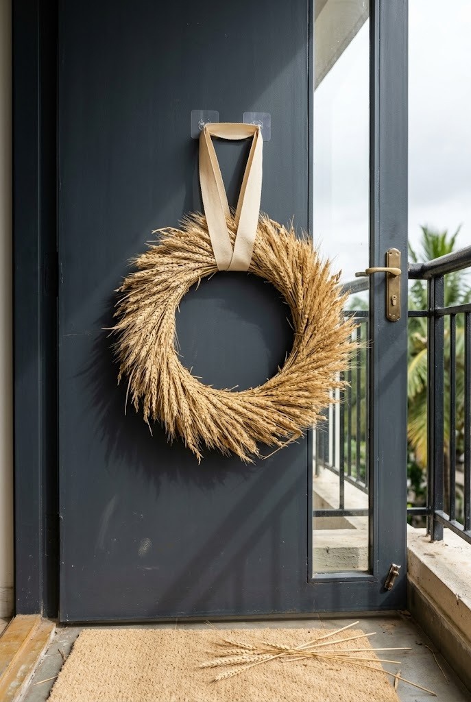 Dried wheat wreath on a balcony door hung with outdoor adhesive hooks