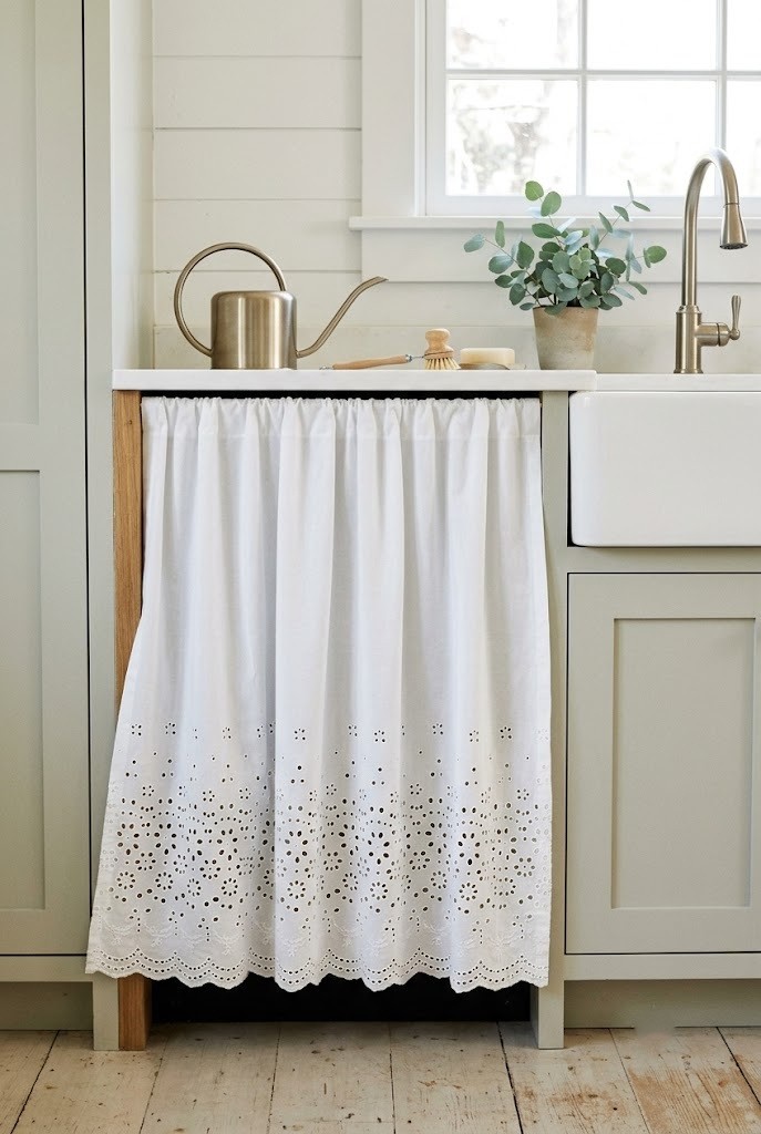 White cutwork eyelet panel used as a cabinet skirt with the pattern along the lower third