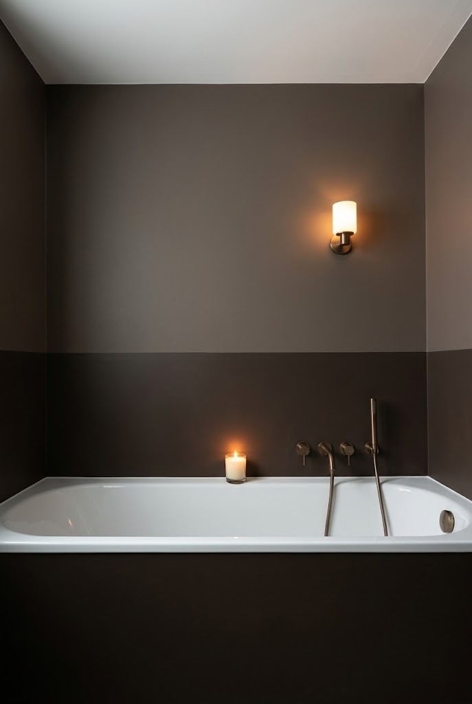 White tub rim acting as the seam between two dark wall tones