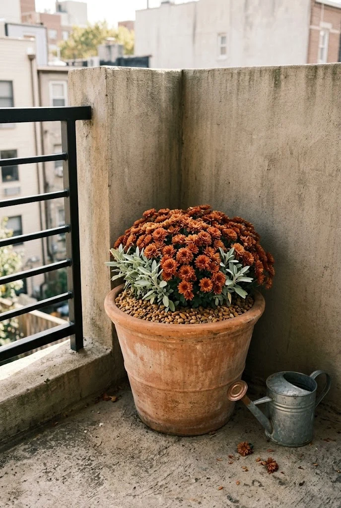 Rust mums in a wide-base terracotta planter in the corner of an apartment balcony fall decor setup