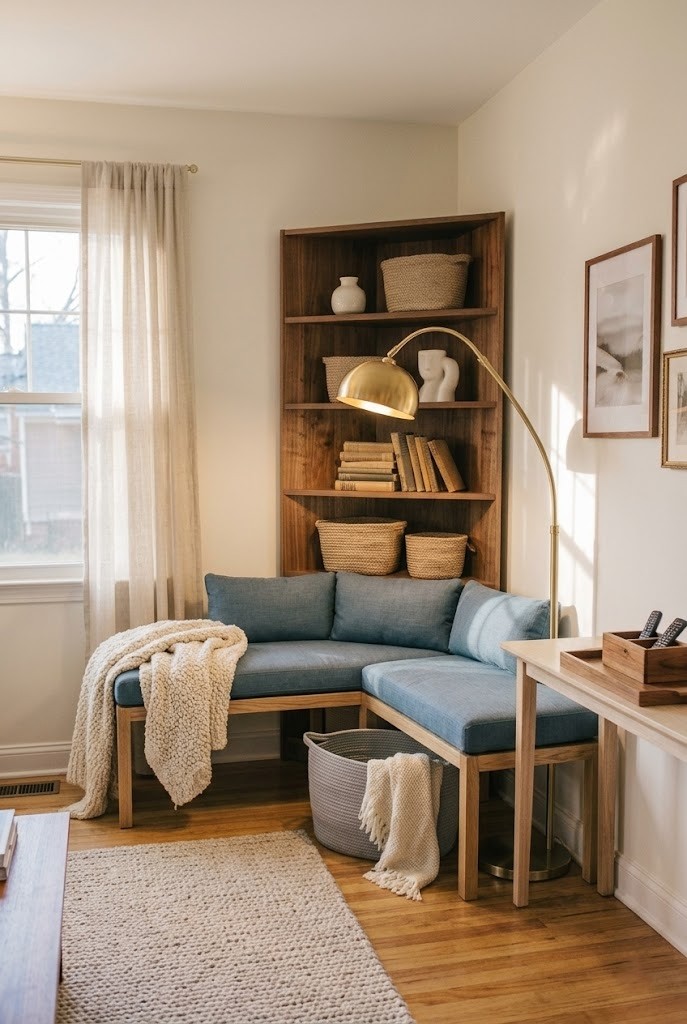 Window-corner bench with a floor lamp arcing over one end for evening reading