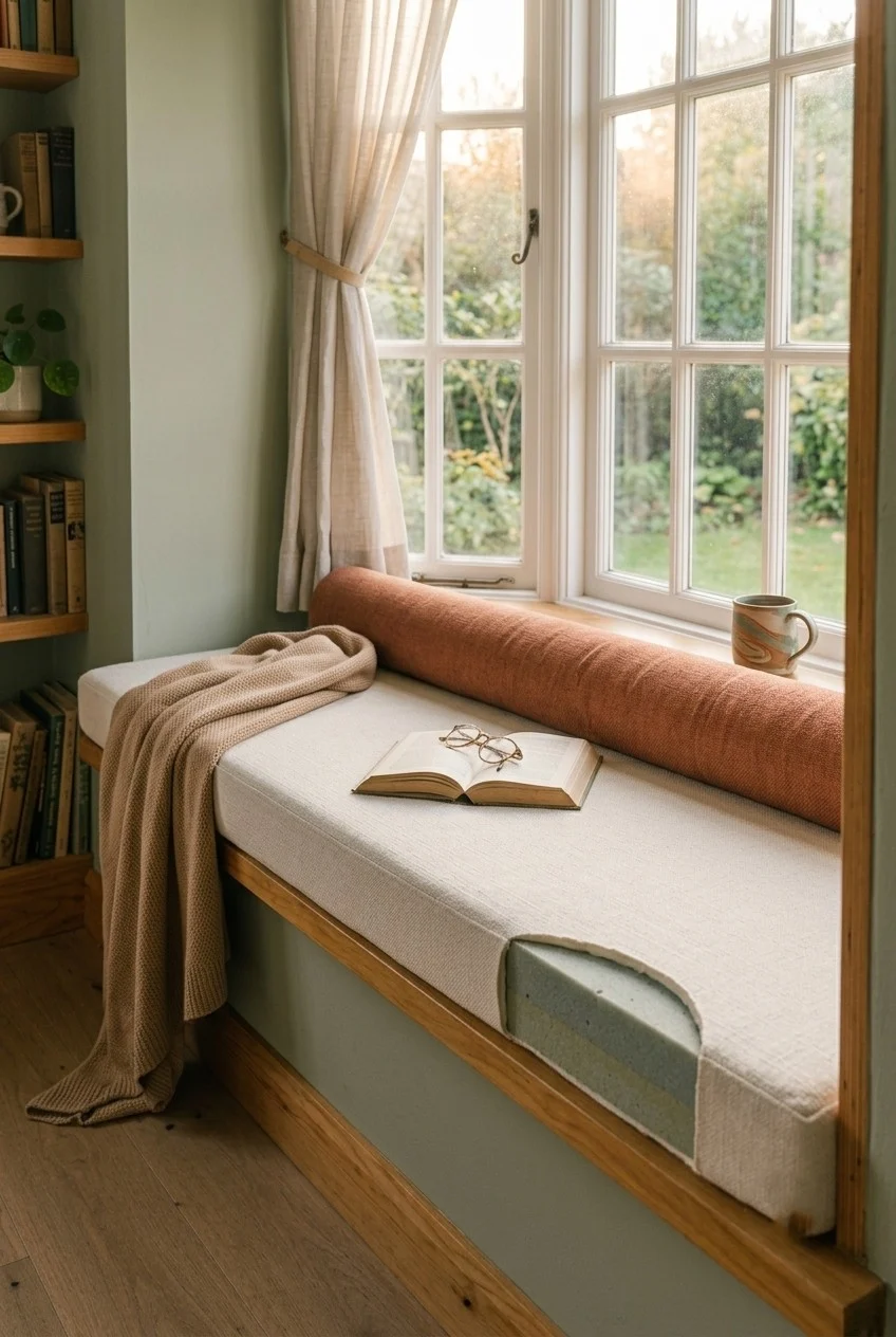 Deep window seat bench with a firm cushion and long back bolster for comfortable sitting