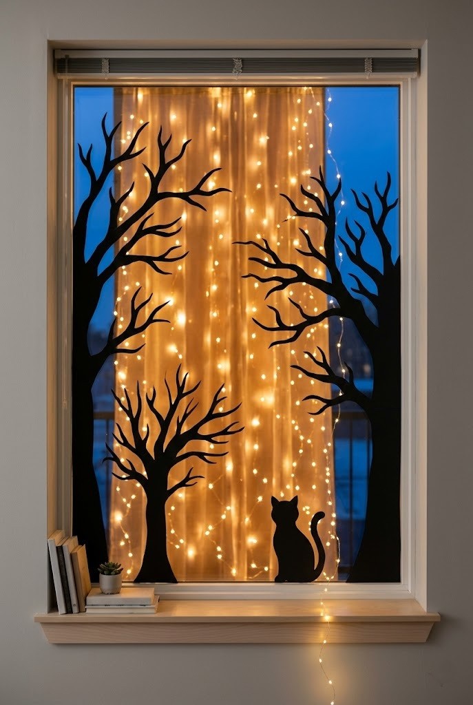 Black paper silhouettes and battery lights in an apartment entry window for a no-damage Halloween display