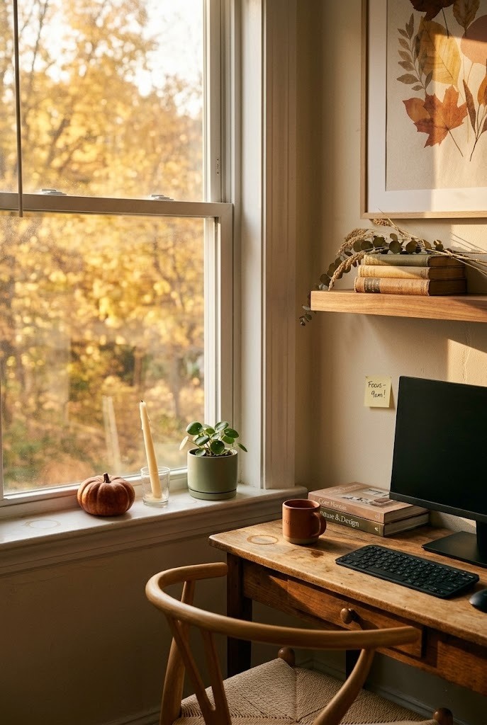 Windowsill beside a desk with a small pumpkin, candle, and plant lit by warm afternoon sun