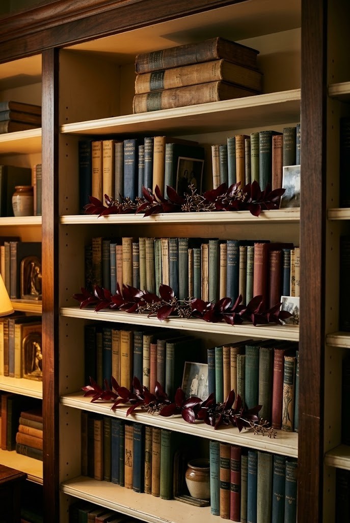 Wine-dyed ruscus garland laid along bookcase shelves between rows of books