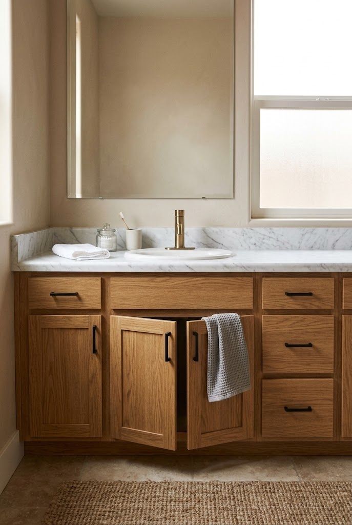 Bathroom vanity cabinet doors covered in wood-grain peel and stick vinyl in a rental