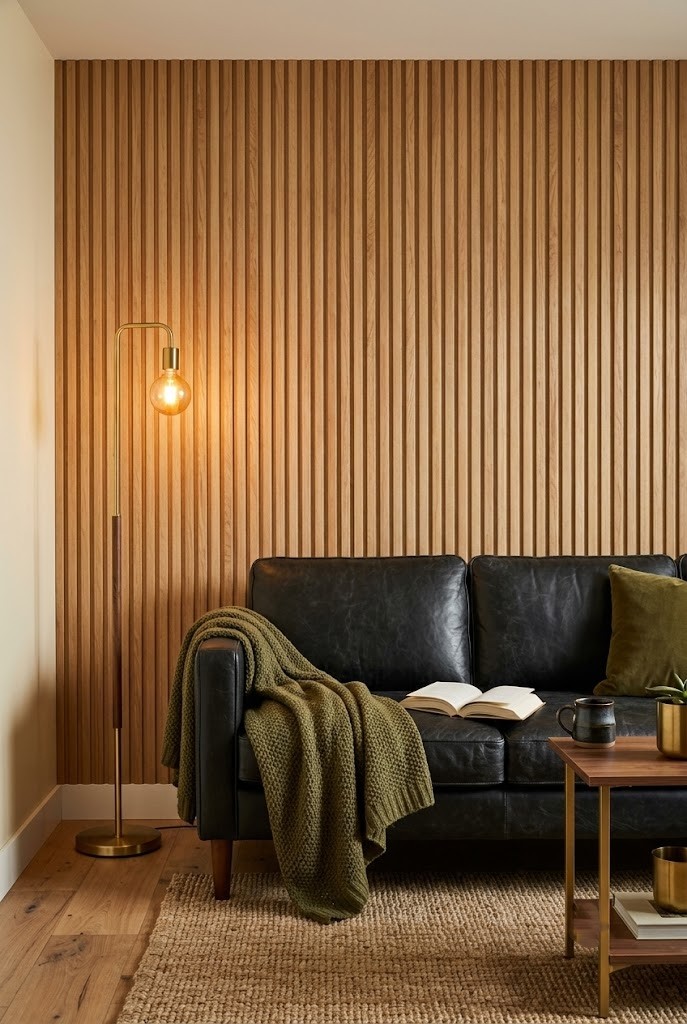 Warm oak peel-and-stick wood slat panels covering a living room wall behind a leather sofa