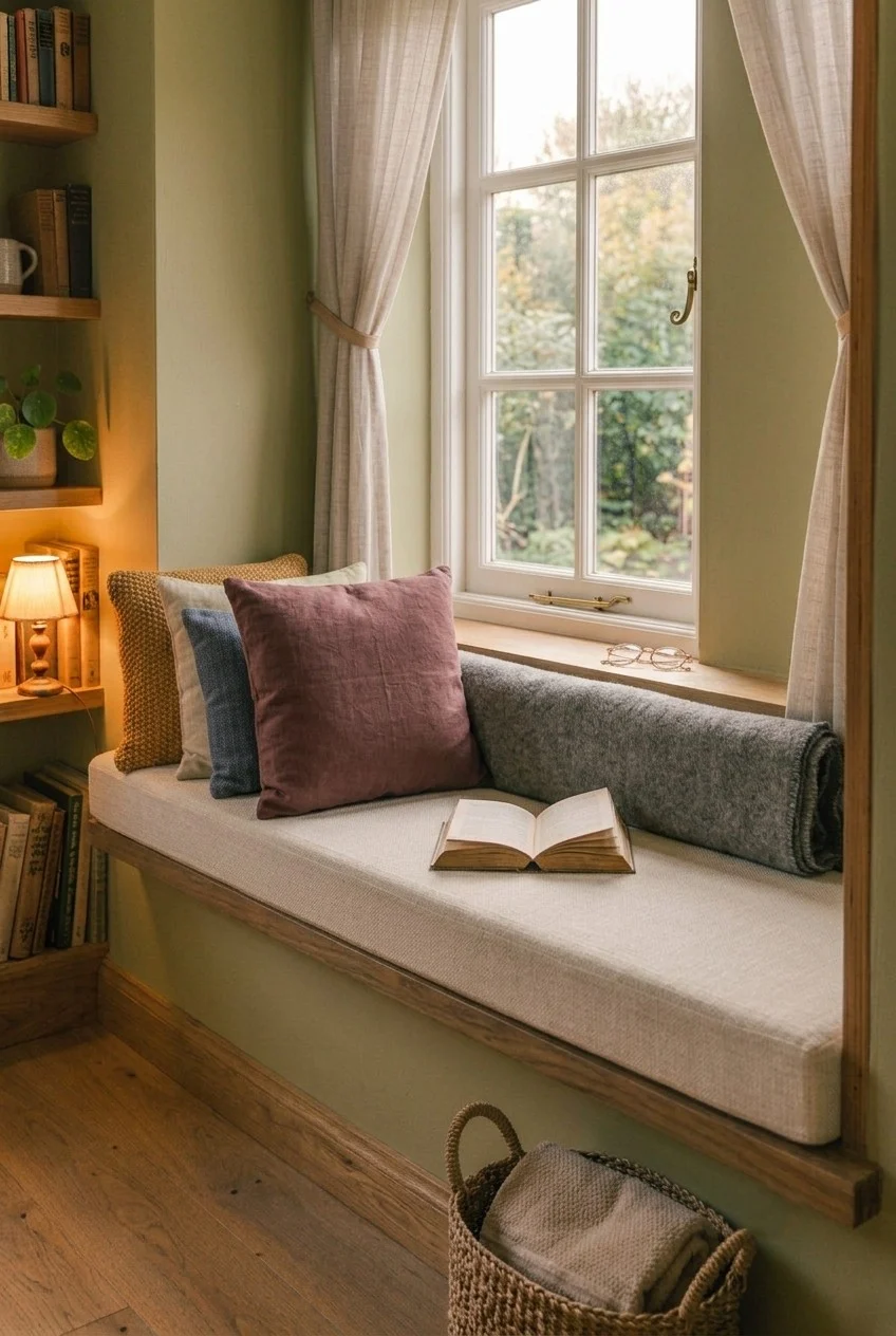 Wool throw folded and stood against the window frame as a draft barrier behind a window seat