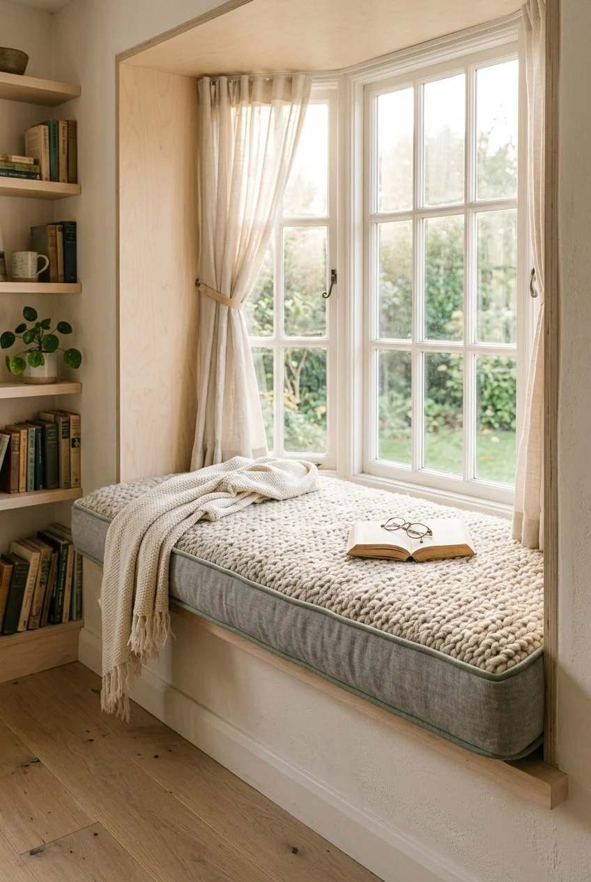 Cozy fall window seat with a thick wool-topped seat cushion in a bright bay window