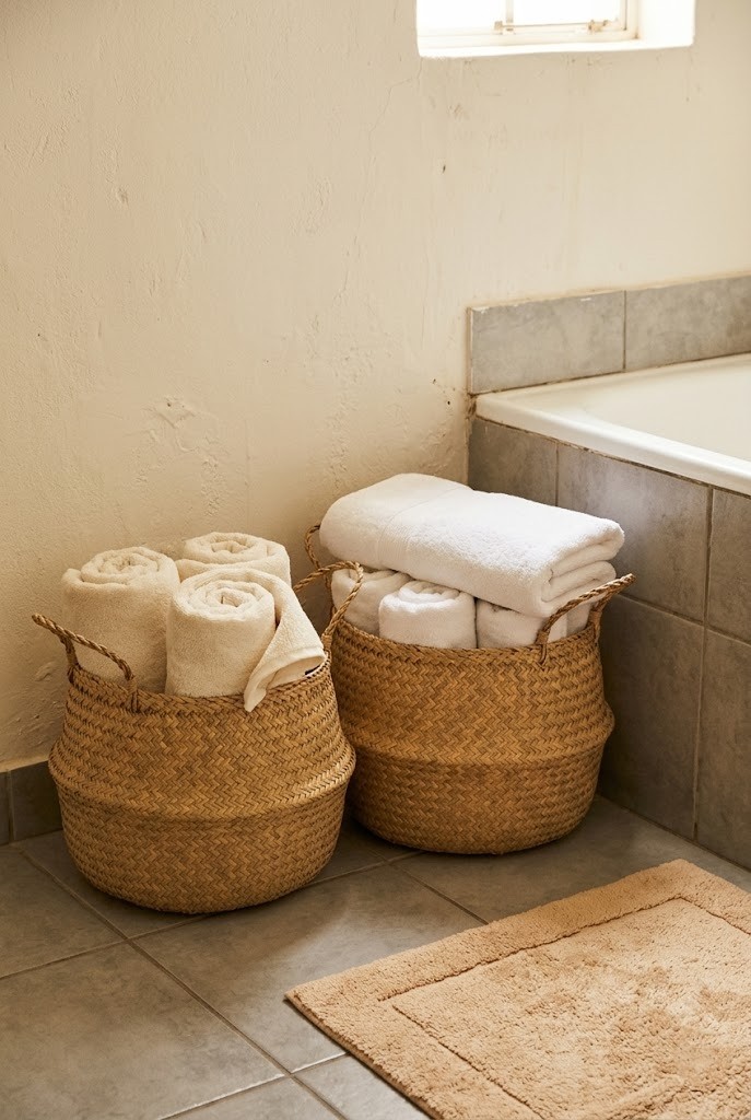 Woven floor baskets storing towels beside a rental tub