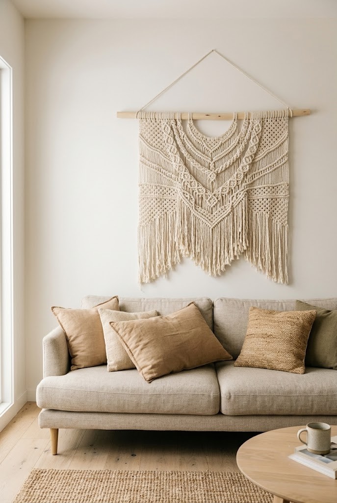 Renter-friendly accent wall with one large woven cotton wall hanging above a living room sofa