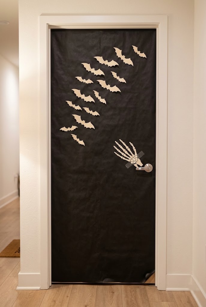 Apartment door wrapped in matte black kraft paper with paper bats and a skeleton hand for a no-drill Halloween entryway