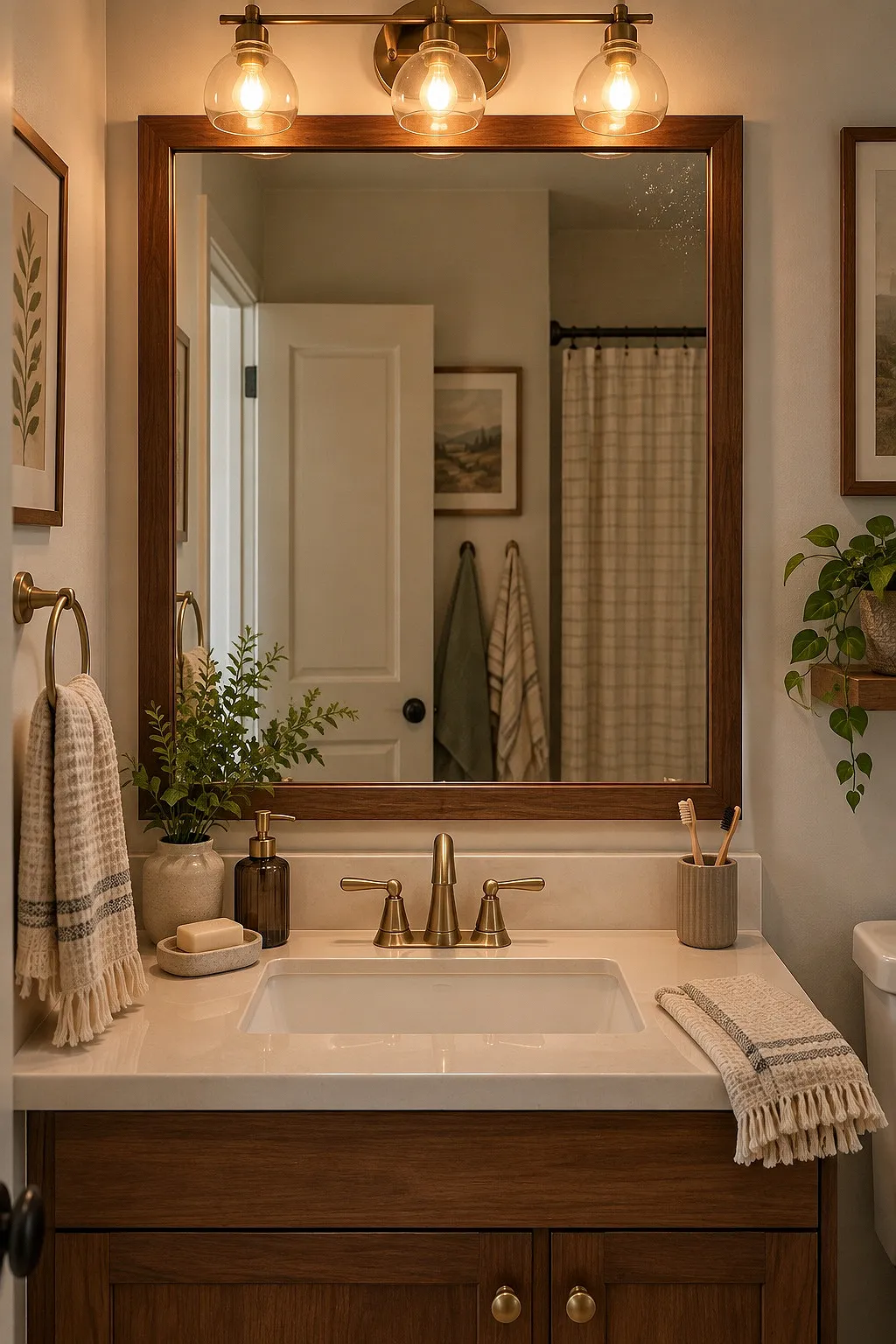 Frameless bathroom mirror bordered with warm walnut adhesive trim