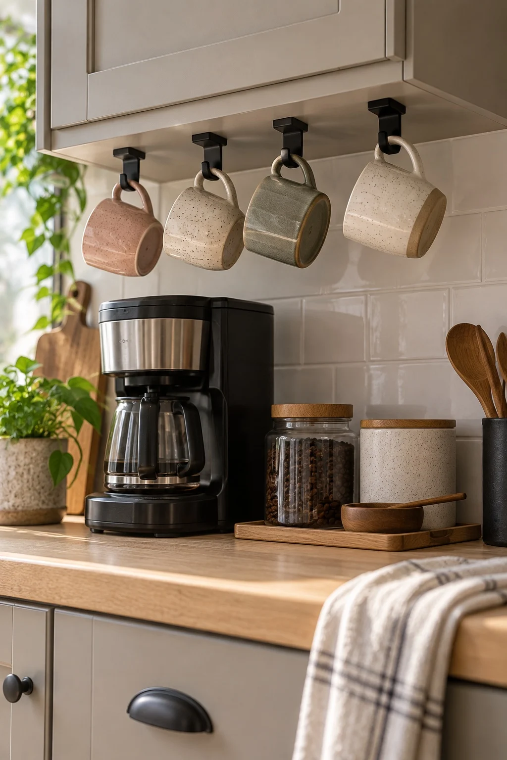 Stoneware mugs hanging on adhesive hooks beneath a kitchen cabinet above a coffee machine