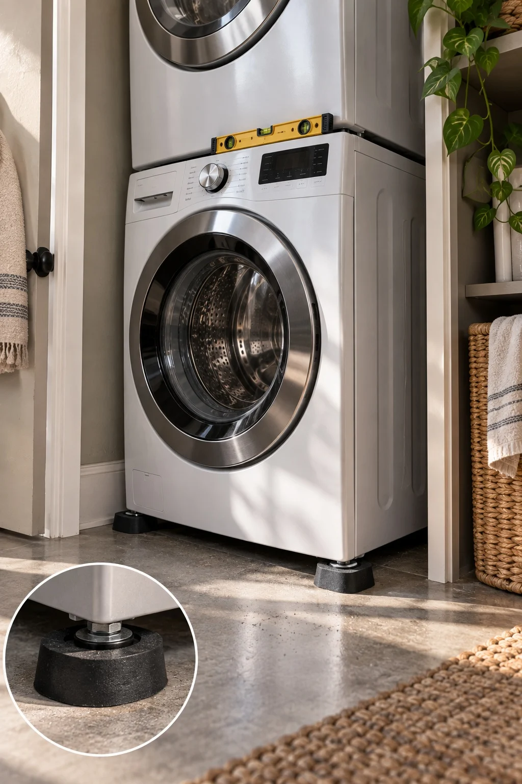 Anti-vibration pads placed under the feet of a stacked washer and dryer