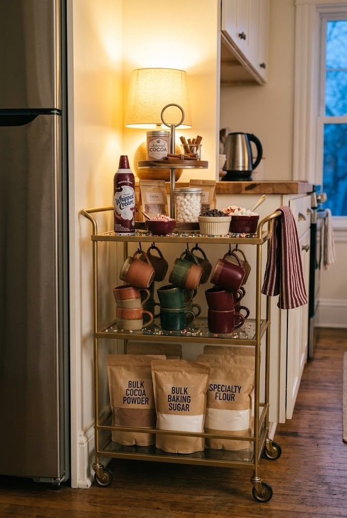 Brass bar cart loaded with cocoa, mugs and toppings wheeled into a small kitchen