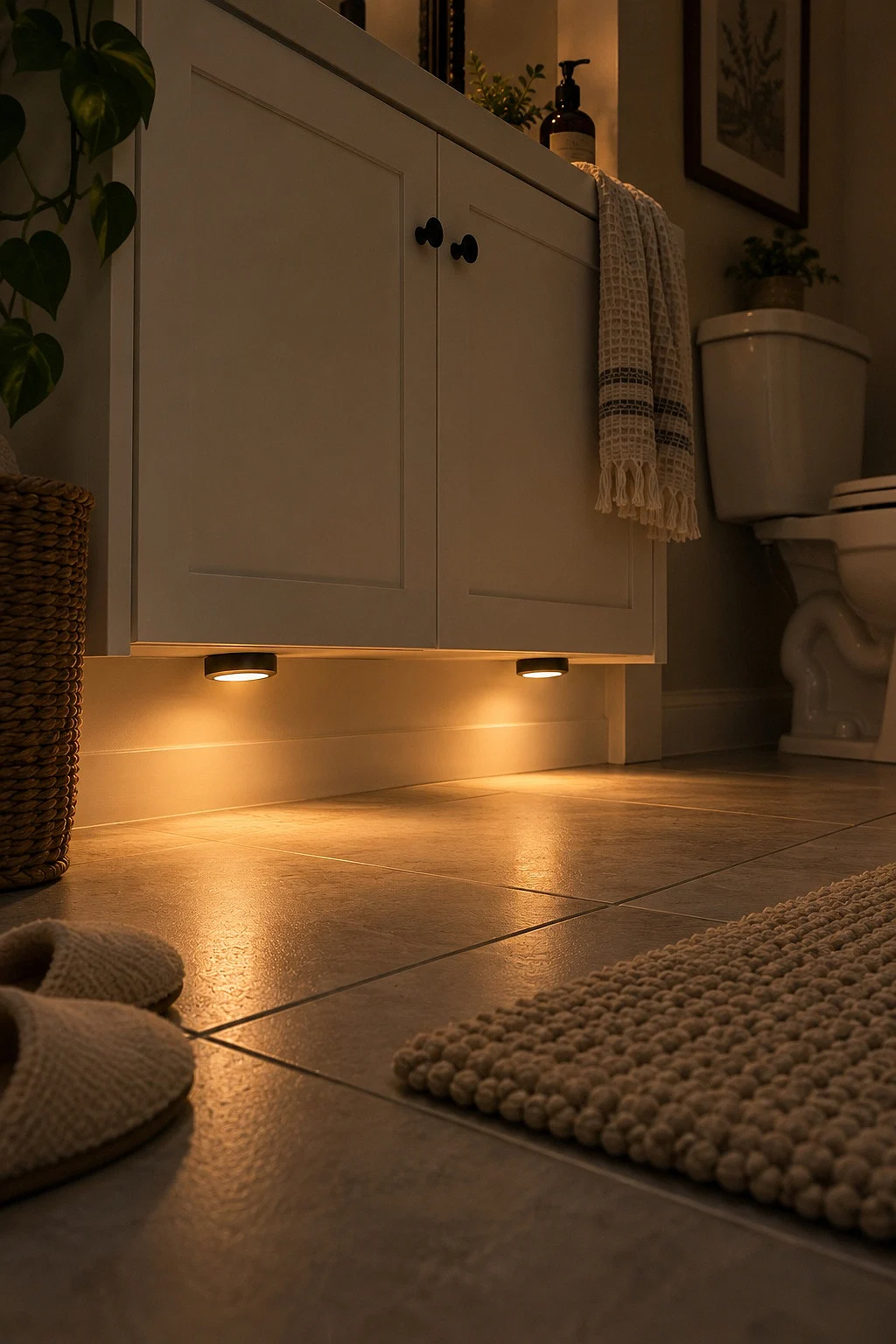 Battery puck lights glowing under a bathroom vanity at night