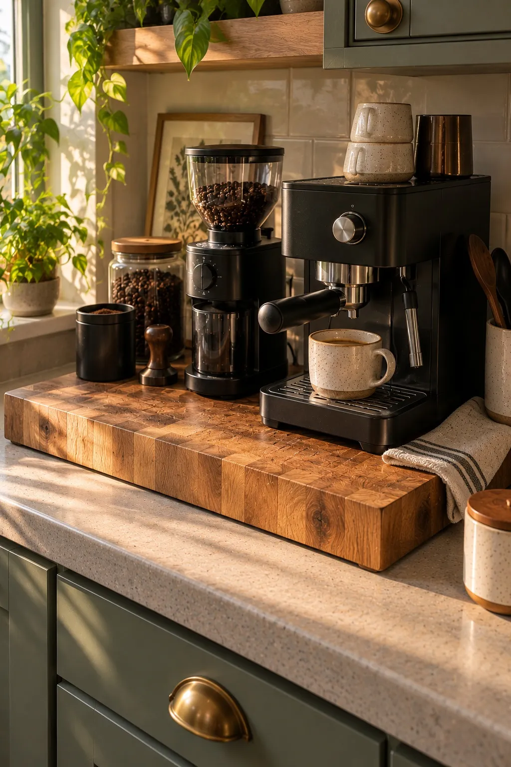 Butcher block slab laid over a counter to define a coffee bar in a rental kitchen