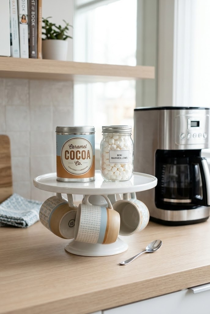 White cake stand used as a cocoa riser with mugs stored underneath on a kitchen counter