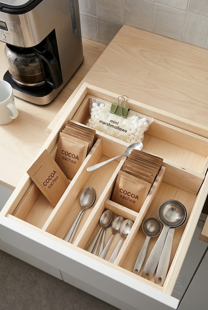 Kitchen drawer divided into lanes holding cocoa sachets, spoons and marshmallows