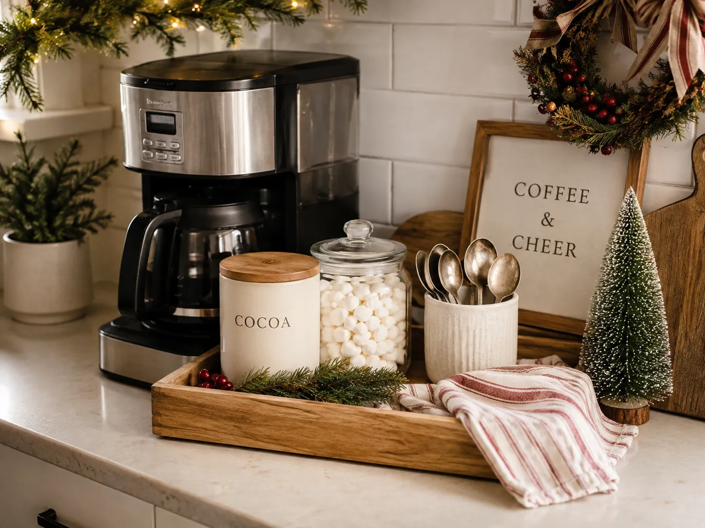 Christmas coffee bar on a small kitchen counter: oak tray with cocoa tin beside a coffee maker