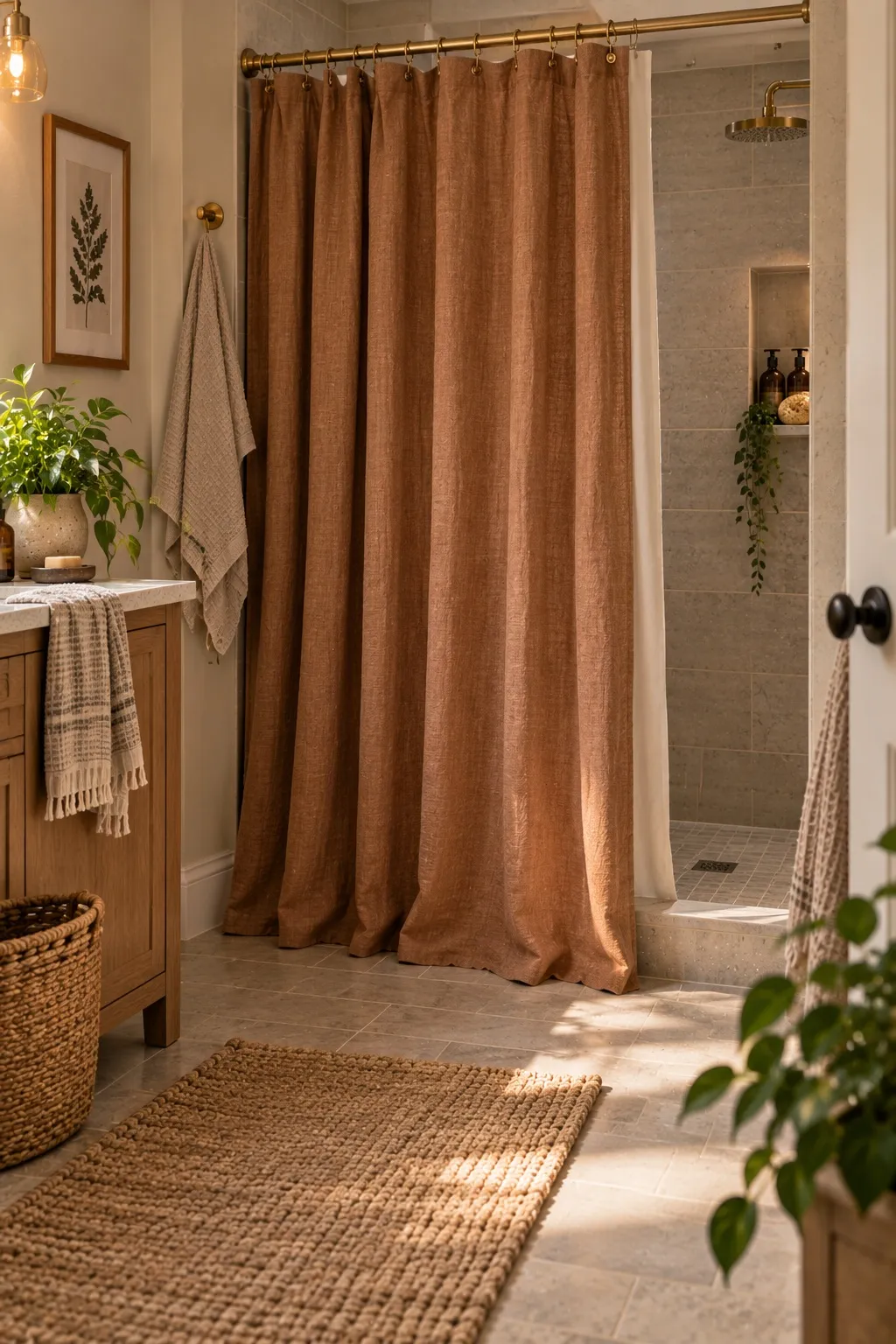Clay linen curtain on brass rings softening a shower-only bathroom opening