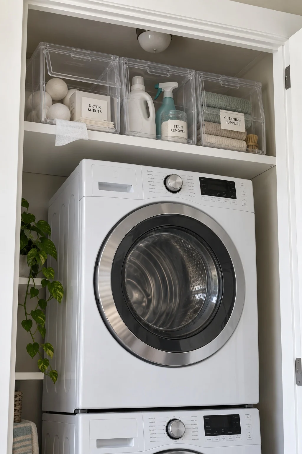 Clear stackable bins on a high shelf above a stacked washer and dryer