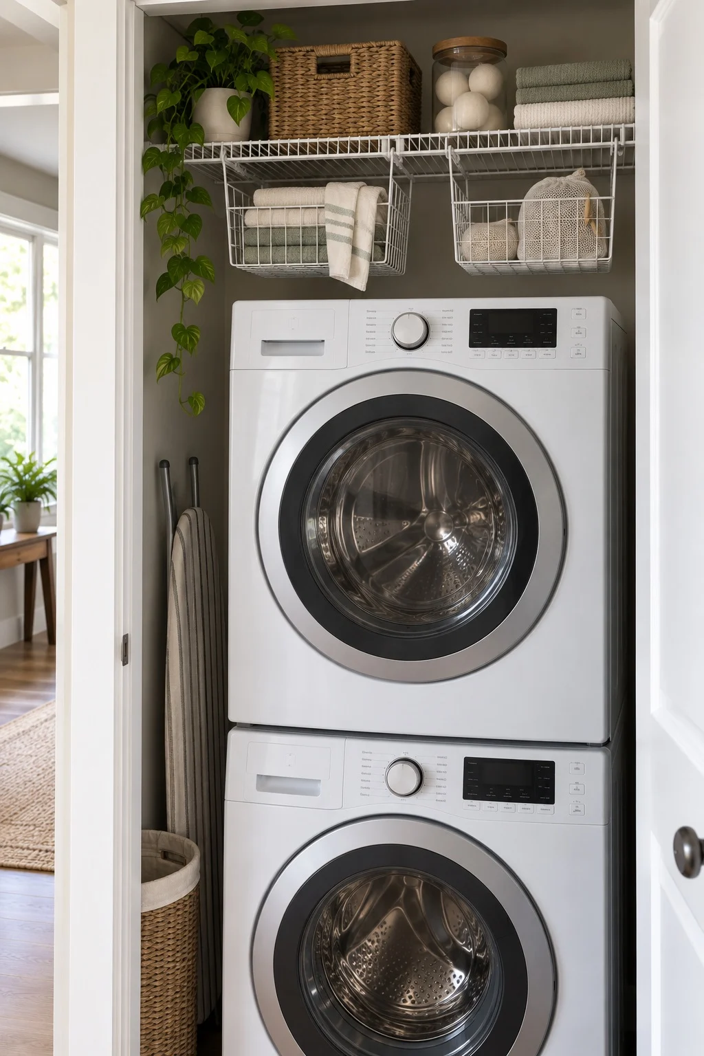 Clip-on baskets hanging under a wire shelf above a stacked washer and dryer