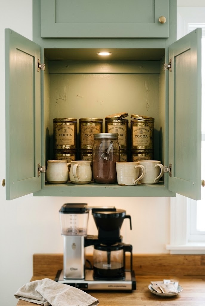 Christmas coffee bar stored on one cabinet shelf above a coffee maker in a small kitchen