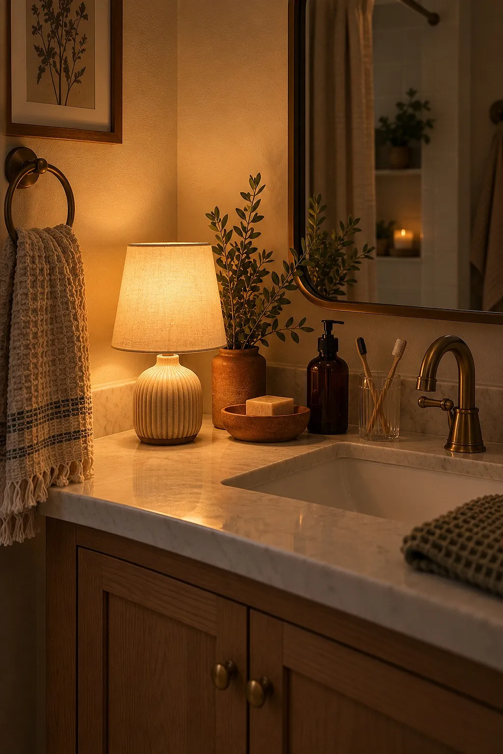 Small cordless rechargeable lamp on a bathroom vanity beside the sink