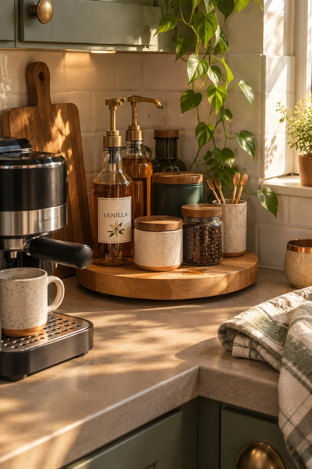 Wooden turntable holding syrups and coffee tins in a small kitchen counter corner