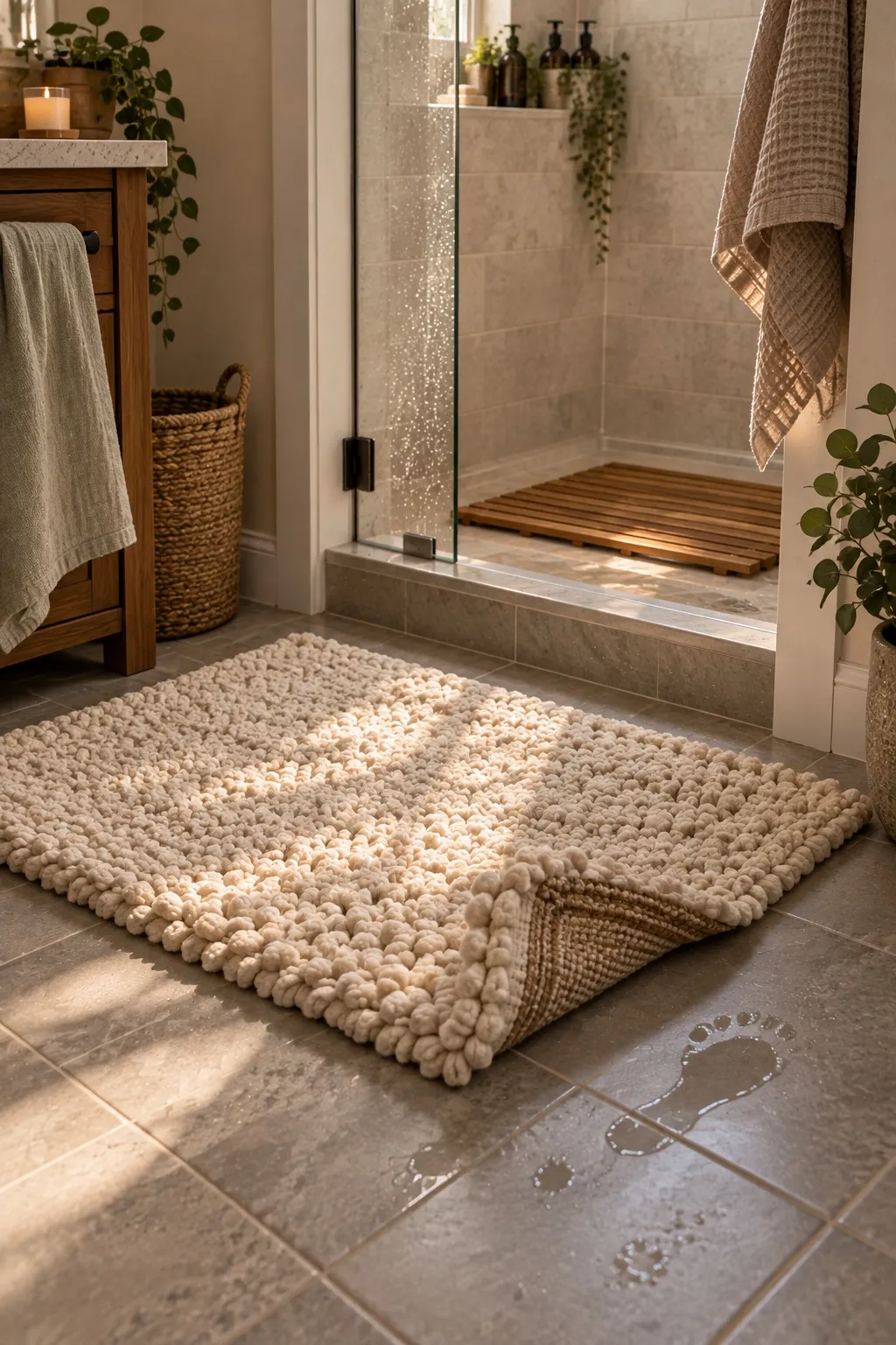 Thick ivory cotton rug layered on tile just outside a walk-in shower opening