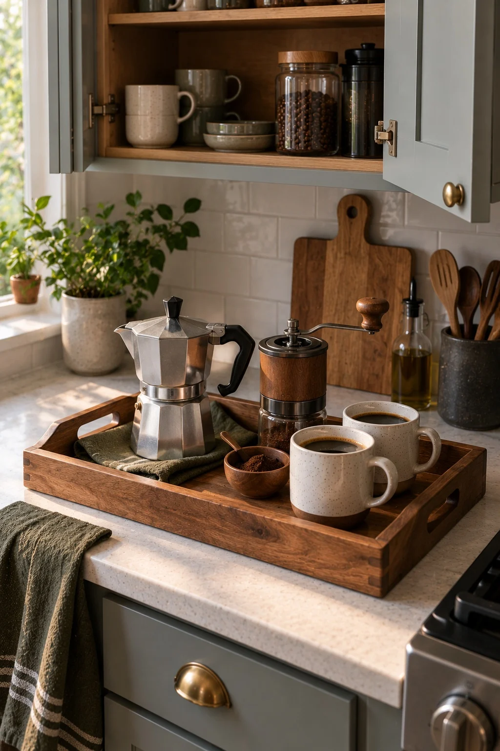 Wooden tray with moka pot and grinder lifted out of a cupboard onto a counter