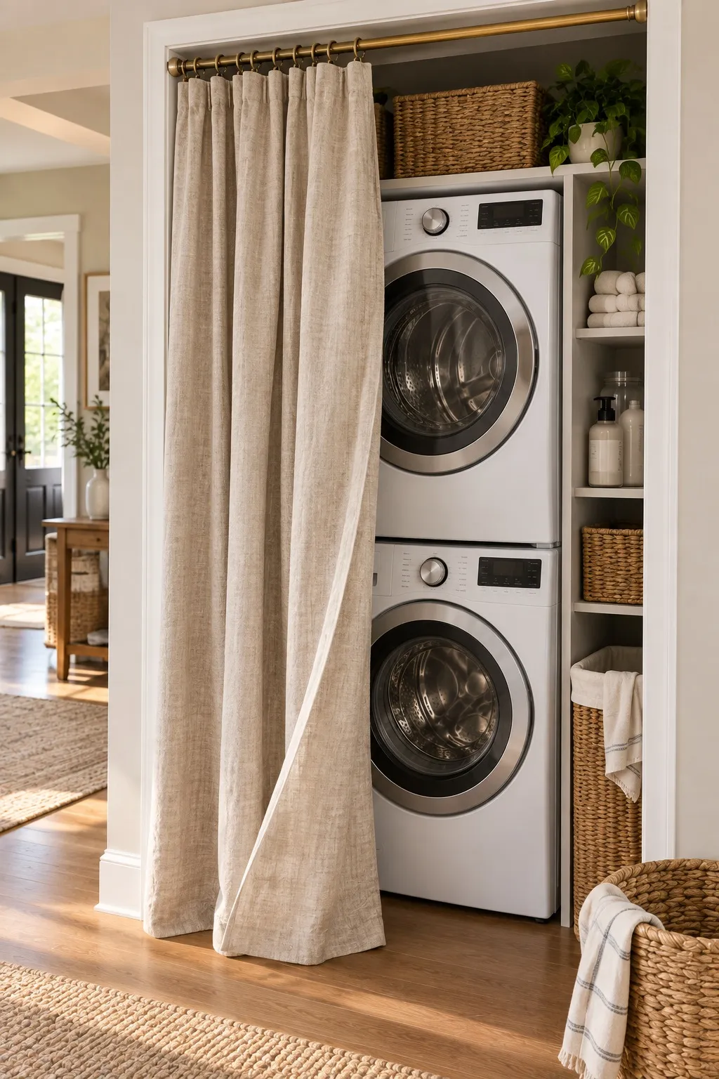 Curtain on a tension rod replacing bifold doors on a stacked laundry closet