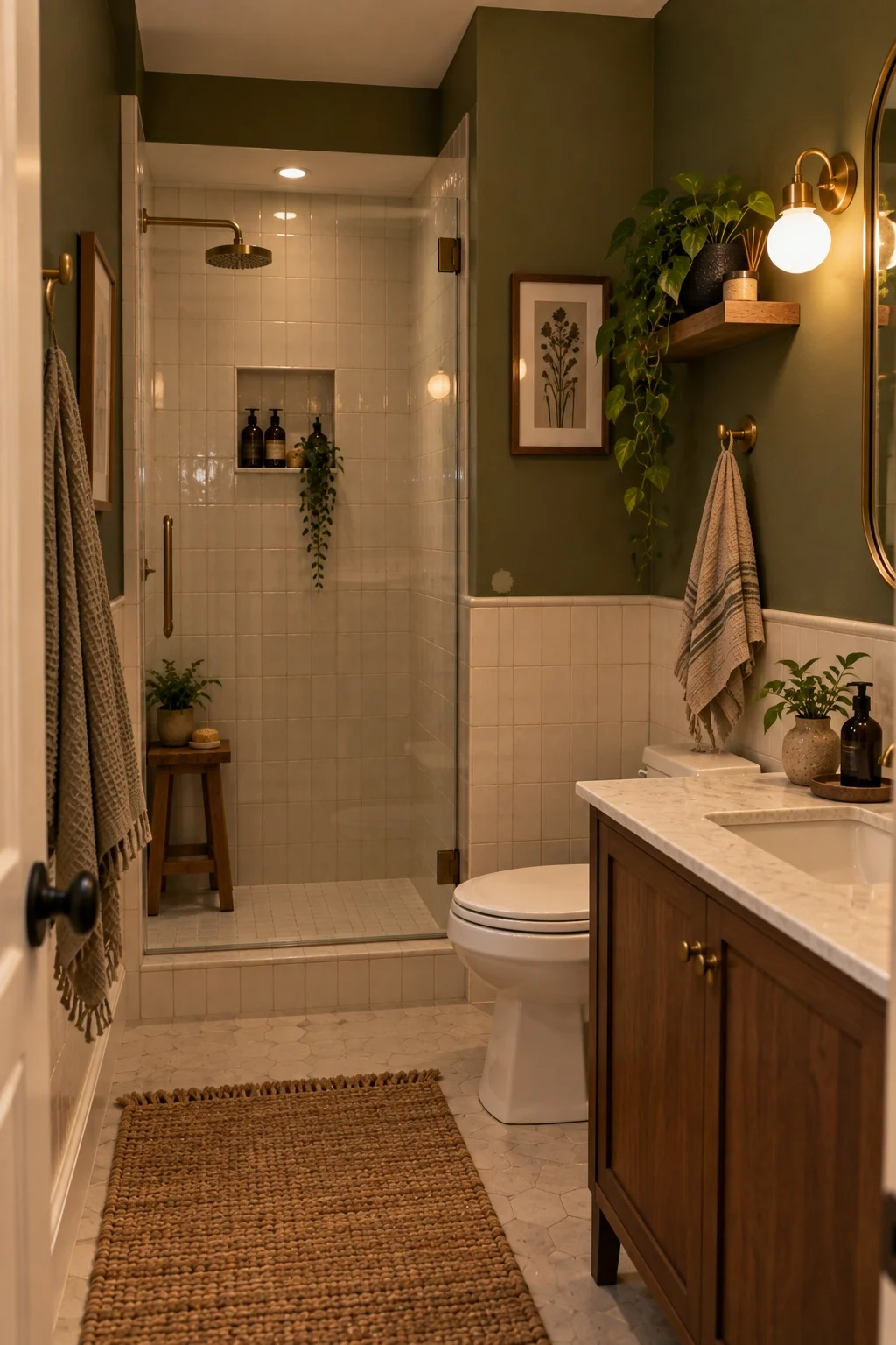 Deep olive paint above cream tile in a cozy shower-only bathroom with brass fixtures